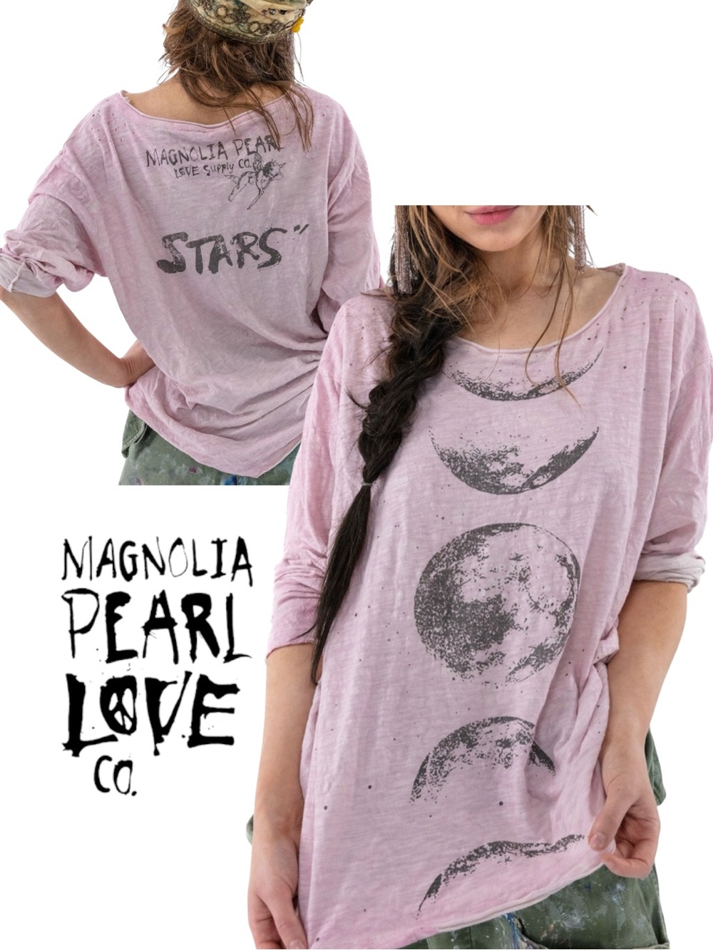 ✨  Magnolia Pearl Moon Phases Stars Tee Pink Celestial OSFM Boyfriend